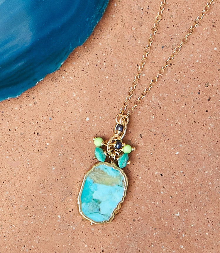 Turquoise Pendant And Beaded Cluster Necklace