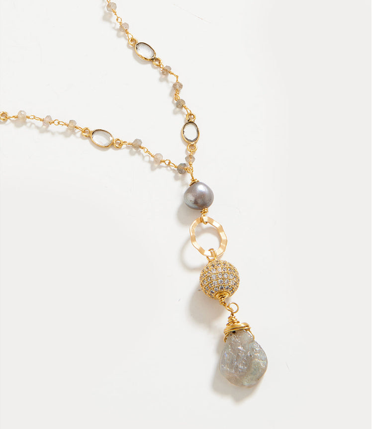 Long Beaded Pearl and Gemstone Necklace