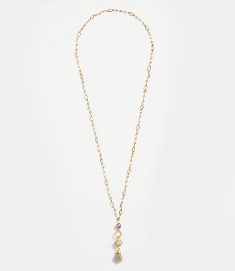 Long Beaded Pearl and Gemstone Necklace