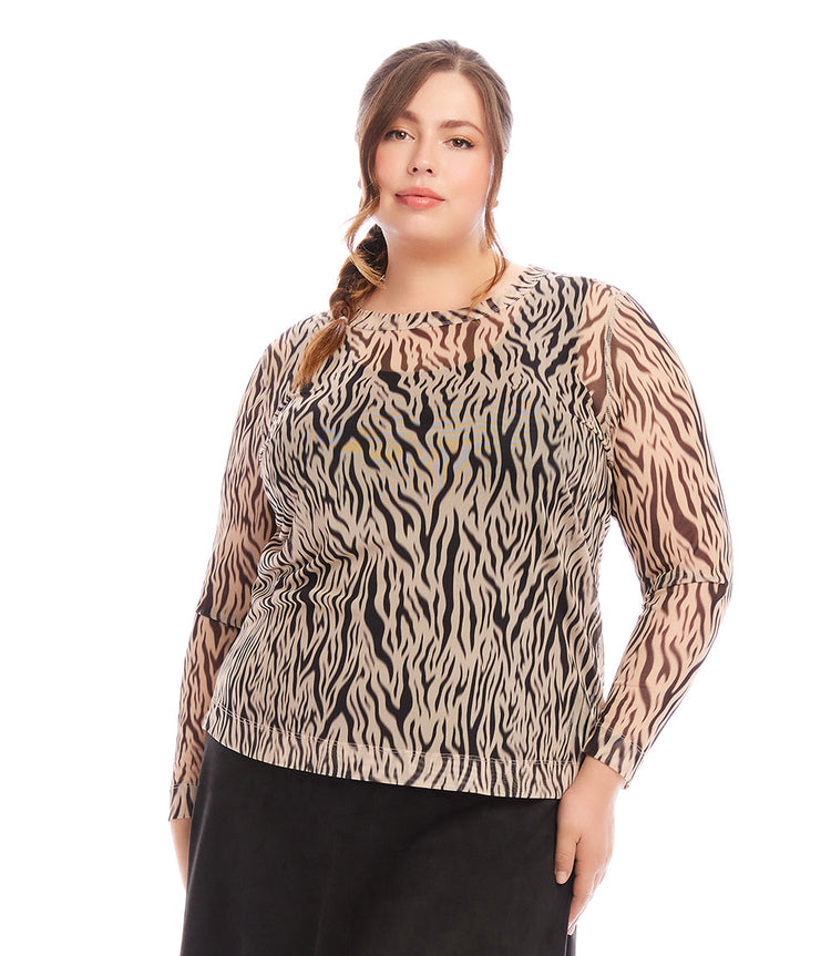 Plus Size Long Sleeve Crew Neck Mesh Top