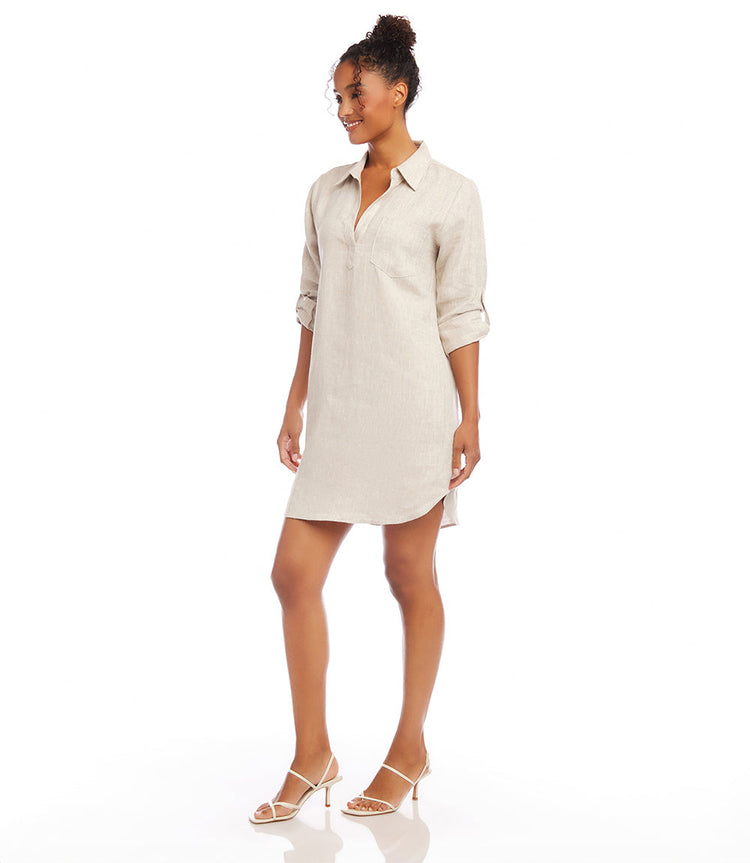 Petite Size Roll Tab Sleeve Linen Shirtdress